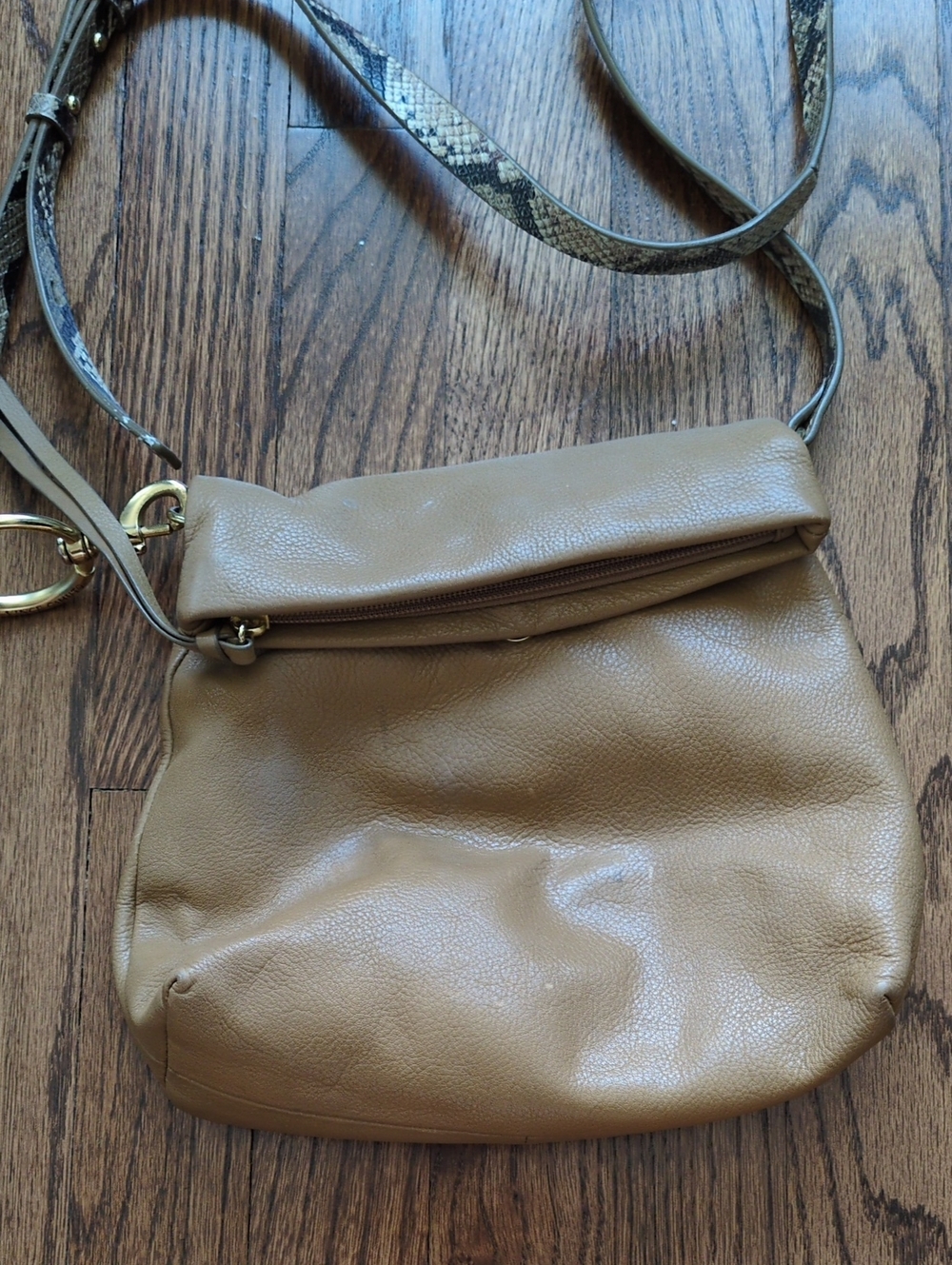 Vince Camuto Leather Fold-Over Crossbody Bag in Tan With Snakeskin Print Strap